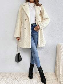 SHEIN Frenchy Double Breasted Lapel Neck Teddy Coat - Apricot - View 6