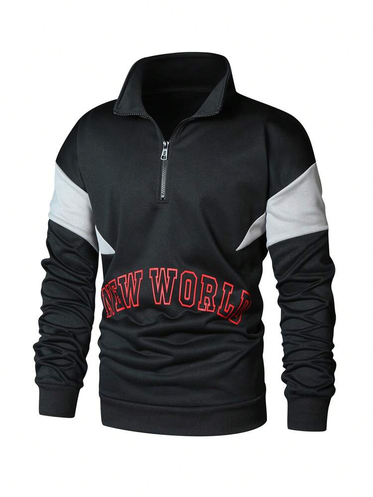 Loose Fit Men's Letter Graphic Colorblock Half Zipper Drop Shoulder Sweatshirt