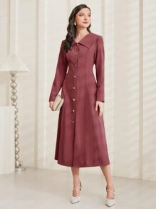 Modelyn 女裝純色翻領扣前洋裝 - 粉色 - 查看 3