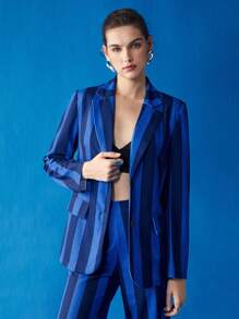 BizChic 條紋圖案前紐扣西裝外套 - 藍色 - 查看 8