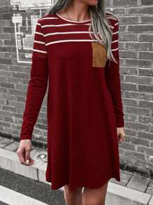 SHEIN LUNE 條紋印花T恤洋裝 - 酒紅色 - 查看 3