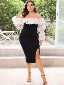 Vestido Con Hombros Descubiertos De Talla Grande Con Volantes, Abertura Y Dos Tonos - Negro - Ver 3