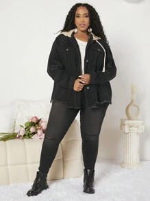 SHEIN CURVE+ Women's Plus Size Hooded Color Block Denim Jacket - Black - View 5