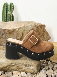 新款時尚尖頭拖鞋, 帶釦的無跟拖鞋，楔跟厚底女鞋 - 棕色 - 查看 3