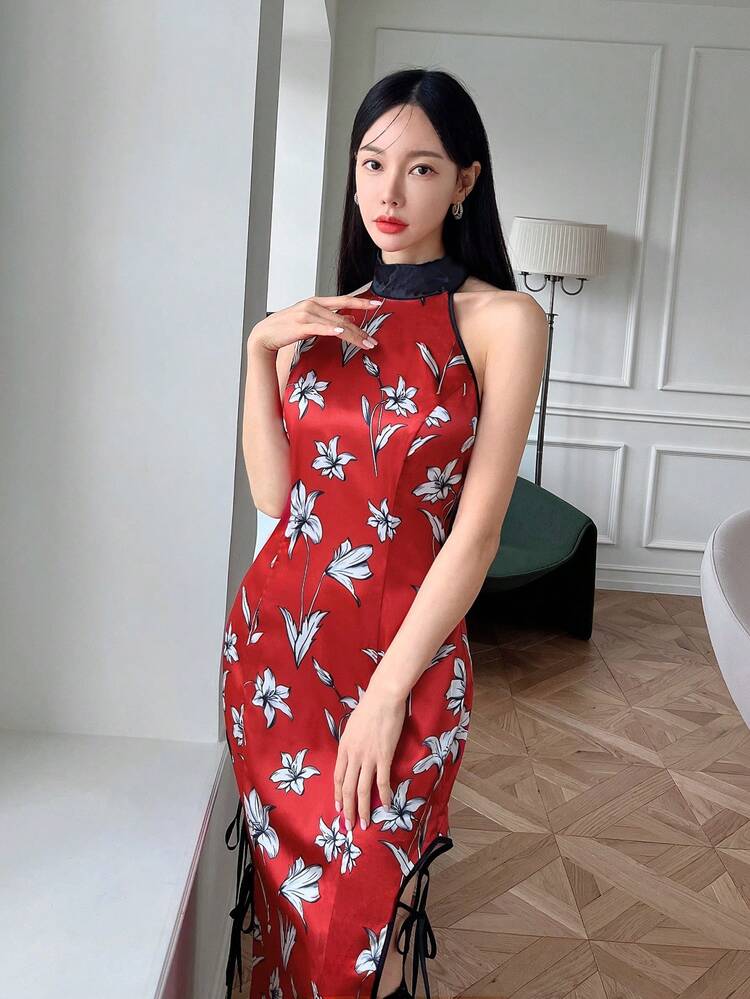 New Chinese Style Colorblock Qipao Collar Long Split Dress For Women, Slim Fit