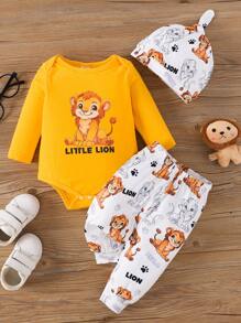 SHEIN Baby Boys' Fashionable Casual Round Neck Animal Print Long Sleeve Bodysuit With Printed Pants And Simple Hat For Spring And Autumn
