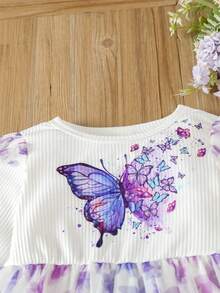 Baby Girl Butterfly Print Ruffle Trim Mesh Hem Dress - White - View 3