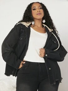 SHEIN CURVE+ Women's Plus Size Hooded Color Block Denim Jacket - Black - View 6