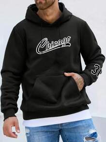 Extended Sizes Men Plus Letter Graphic Drawstring Hoodie - Black - View 1