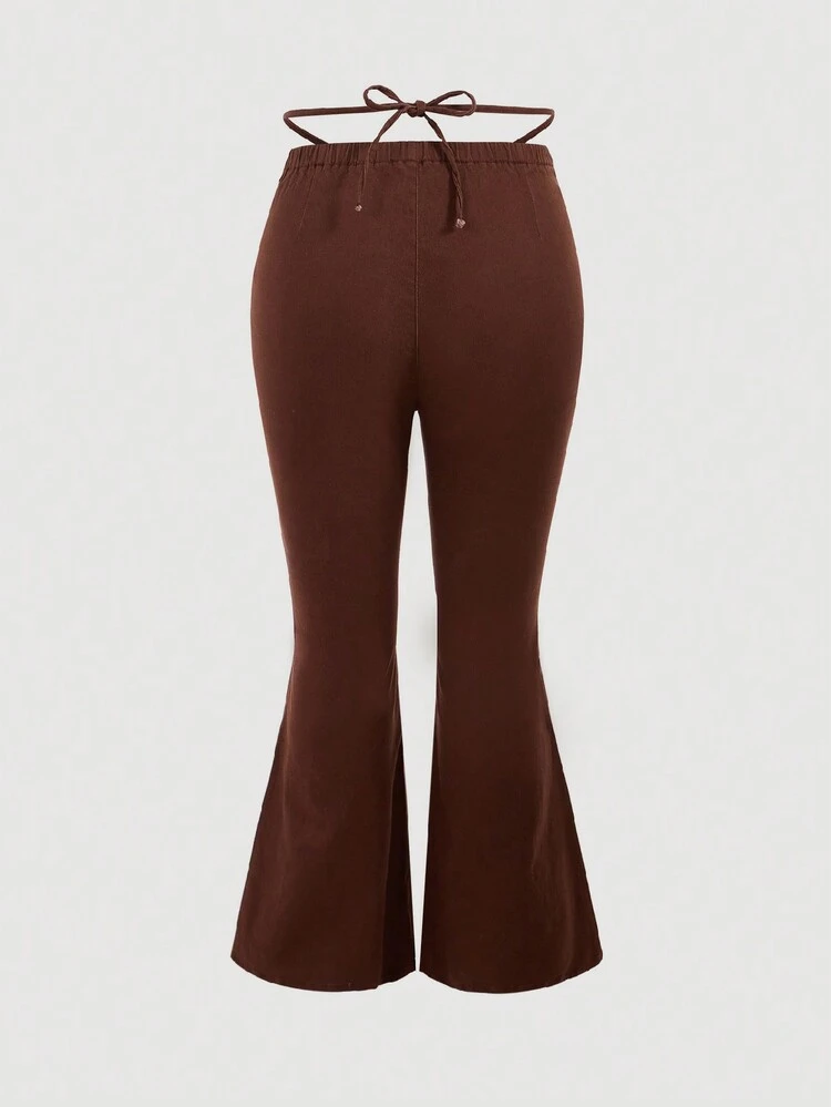 Casual Drawstring Low-Waist Plus Size Women'S Tight Flared Jeans In Brown