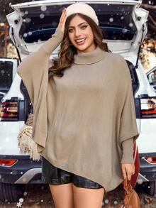 Calvaya 大碼高領蝙蝠袖不對稱下擺斗篷毛衣 - 卡其色 - 查看 6