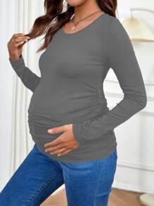 SHEIN 孕婦素色百褶T恤 - 灰色 - 查看 4