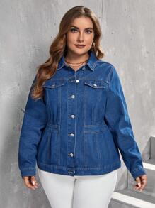 EMERY ROSE 加大號扣蓋細節牛仔外套 - 深色水洗藍 - 查看 3