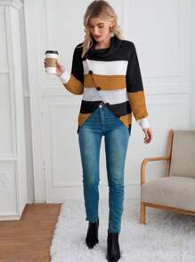 SHEIN LUNE Jersey de color combinado de cuello desbocado con diseño de botón bajo asimétrico