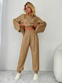 EURMUSE Two-piece Loose Sweater Set With Split Sleeves And Net-like Rhinestone Detailing - Coffee Brown - View 5