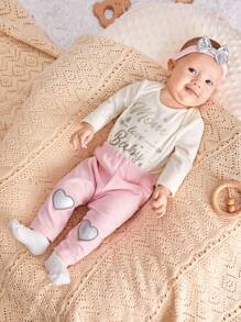 SHEIN 3入組嬰兒女裝長袖前開式連體衣,心形貼布褲子和蝴蝶結髮箍套裝 - 彩色 - 查看 5