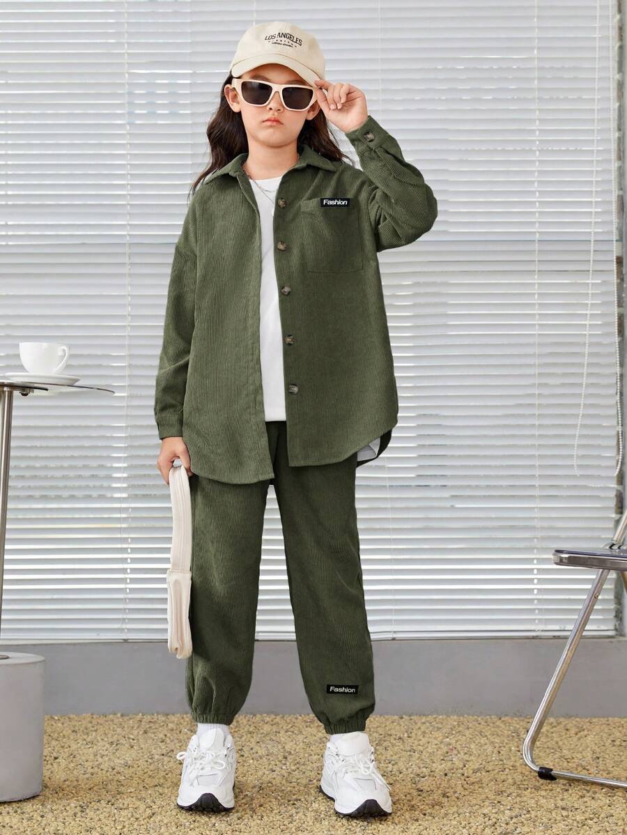 SHEIN Cô gái Tween Thư được vá Thả vai Áo sơ mi & Quần - xanh quân đội - Xem 1