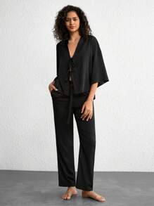 Ocili 女士純色肩帶撇肩睡衣上衣 - 黑色 - 查看 4