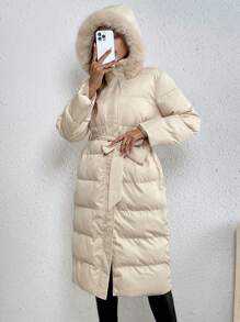 SHEIN Frenchy 女士纯色拉链前毛绒边缘连帽腰带加厚外套 - 杏色 - 查看 4