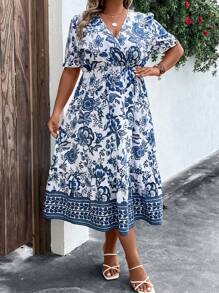SHEIN LUNE Đầm Plus Size Viên lá sen Trọn gói Hoa Tất cả trên in Boho - Xanh và trắng - Xem 7