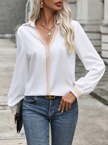 SHEIN LUNE Contrast Trim Lantern Sleeve Blouse - White - View 3