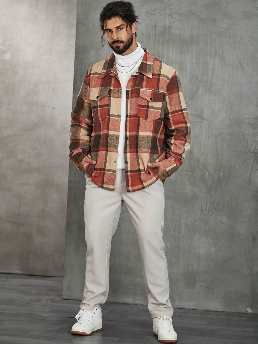 Manfinity Homme Men Plus Plaid Print Flap Pocket Overcoat - Khaki - View 1