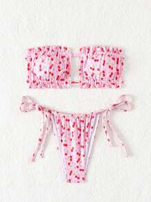 Swim Mod Random Cherry Printed Bikini Set With Ruffled Trim, Knot Detail And Adjustable Side Ties - Multicolor - View 5