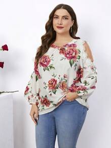 SHEIN Clasi Plus Size Cold Shoulder Collar & Lantern Sleeve Shirt With Applique Embellishments - Multicolor - View 3