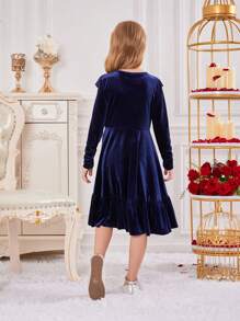 Tween Girl Ruffle Trim Ruffle Hem Velvet Dress Without Belt for Christmas - Royal Blue - View 2