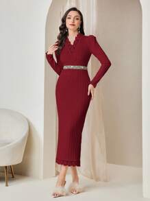 Modelyn 勃艮第红色纯色纽扣前蕾丝边连衣裙（无腰带） - 酒紅色 - 查看 4