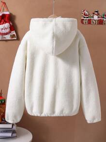 SHEIN Tween Girls' Santa Slogan Embroidery Hooded Jacket - Multicolor - View 2