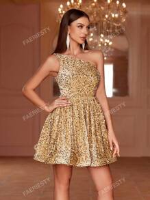 Single-Shoulder Sleeveless Sparkling Sequin Mini A-Line Party Dress For Summer Evening Events