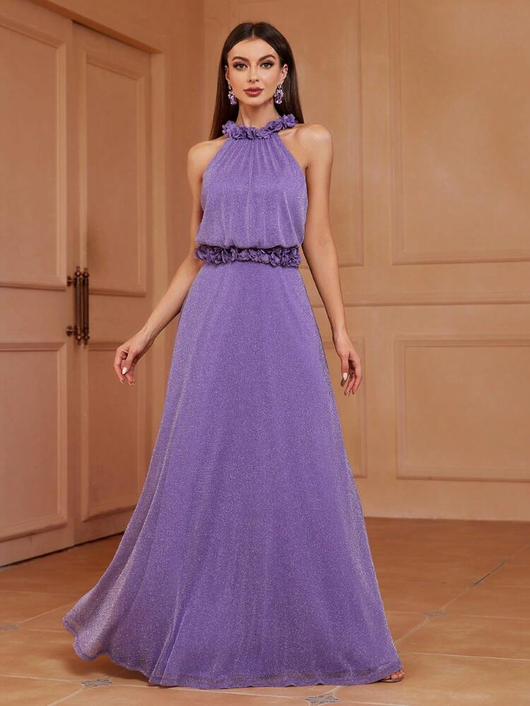 Bridesmaid Dress With 3d Flower Halter Neckline