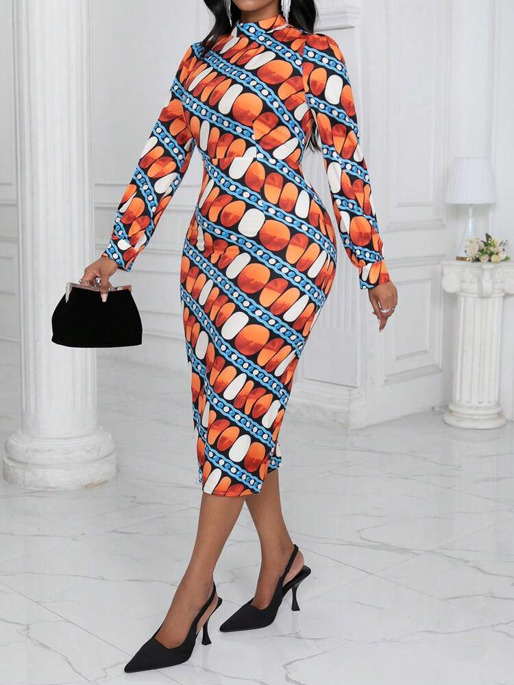 Geo Print Mock Neck Bodycon Dress Fall Cloth For Women