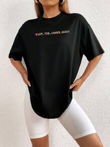 SHEIN EZwear Women's Cartoon Fun Printed Drop Shoulder T-shirt - Black - View 2