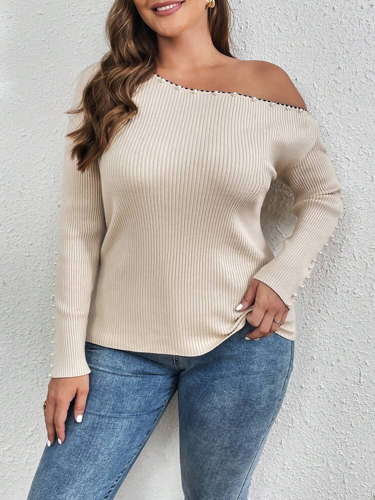 Plus Size Women's Asymmetrical Neck Faux Pearl Detail Sweater Pullover