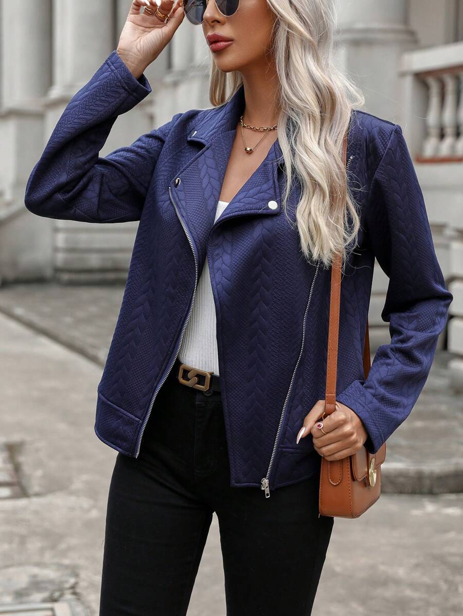 SHEIN LUNE Solid Zip Up Moto Jacket - Navy Blue - View 1