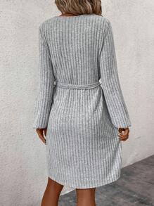 SHEIN Clasi Contrast Lace Lantern Sleeve Belted Dress - Grey - View 2