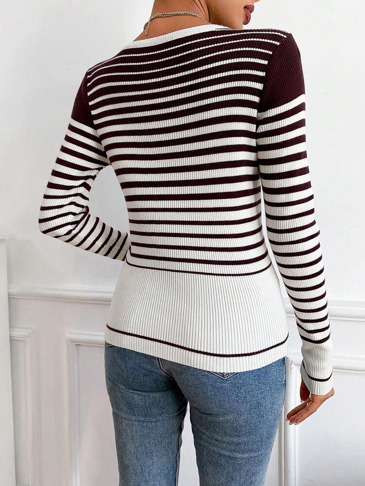 Striped Pattern Slim Fit Knit Pullover Fall Winter Sweater