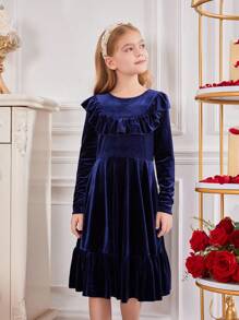Tween Girl Ruffle Trim Ruffle Hem Velvet Dress Without Belt for Christmas - Royal Blue - View 5