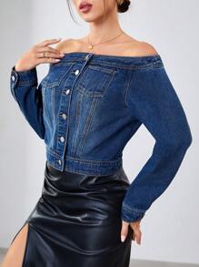 SHEIN Essnce Cazadora mezclilla de hombros descubiertos con botón delantero - Azul lavado medio - Ver 5