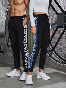 Men Graphic Drawstring Waist Contrast Side Seam Sports Pants - Black - View 1