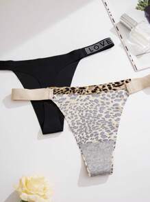 Shein Underwear&Sleepwear Basics Yoga 5pcs/Pack Women's Leopard Print & Letter And Rhinestone Decor Sexy G-String Underwear Sports