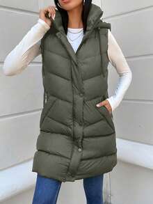 EURMUSE Của phụ nữ Không tay áo có mũ Đệm Áo khoác - Màu Khaki - Xem 4