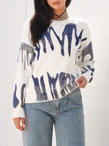 SHEIN EZwear 圖形圖案落肩袖套頭毛衣 - 藍白色 - 查看 1