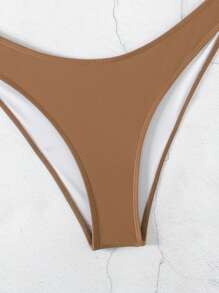 SHEIN Swim Women's Solid Color Halter Strap Bra & Swim Bottom Bikini Set With Matching Cover Up Top Bathing Suit For Summer Beach - Coffee Brown - View 7