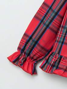 SHEIN Conjunto De Pijamas Con Volantes Y Estampado Escocés Para Niñas Jóvenes - Rojo - Ver 4