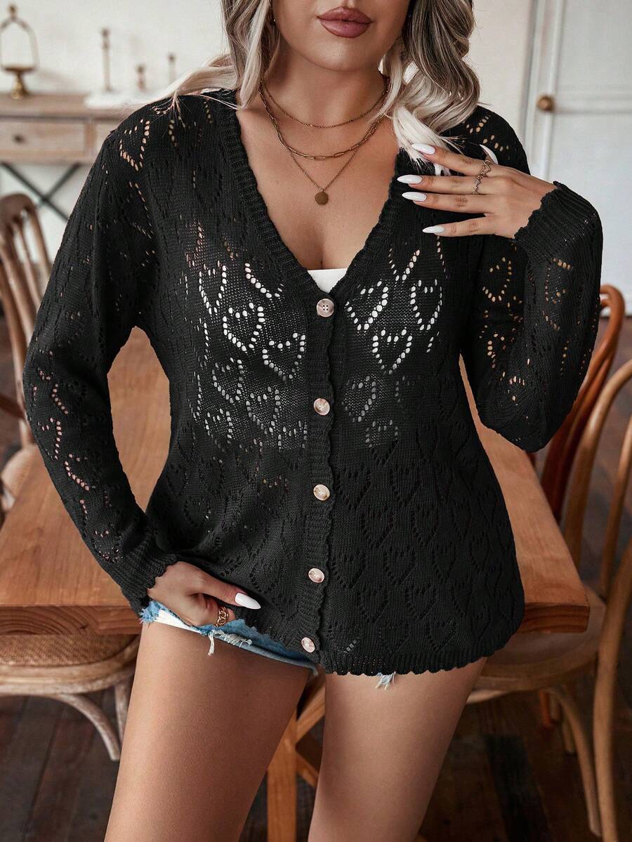 Calvaya Hơn Hình trái tim Dệt kim chấm bi Áo len Mở - màu đen - Xem 1
