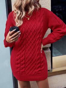 SHEIN Essnce 麻花紋女性寬鬆連身裙 - 酒紅色 - 查看 3