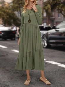 EMERY ROSE Vestido smock unicolor bajo con fruncido - Verde militar - Ver 5